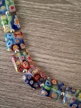 Necklace Italian Millefiori Floral Square Vintage Beads 20" Sterling Silver